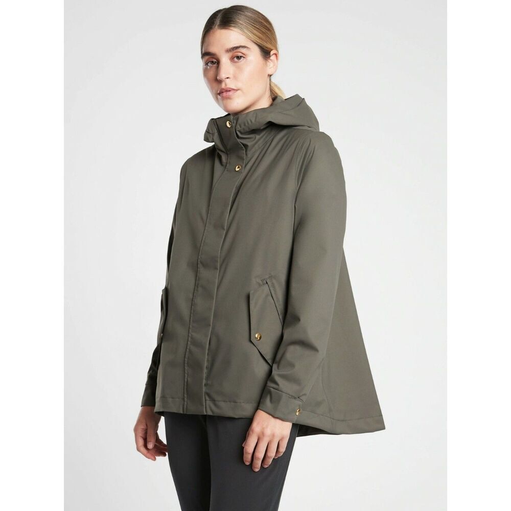 Athleta Olive Sutro Hooded Waterproof Jacket with Gold Hardware